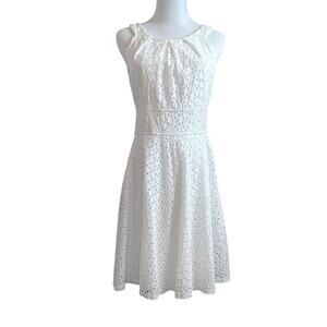 LONDON STYLE White Eyelet Midi Dress 8 Flowy Full Skirt‎ Girly Coquette Retro